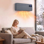 Grey wall heater above a sofa blowing warm air into a living room
