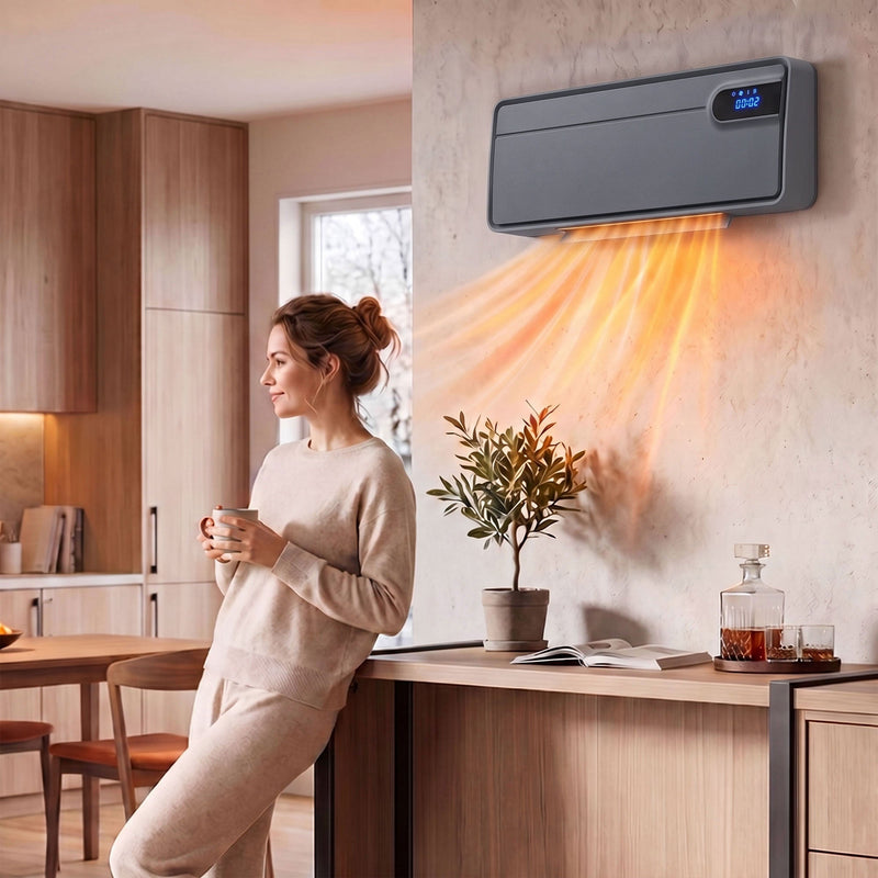 Grey wall heater mounted in a kitchen and dining area