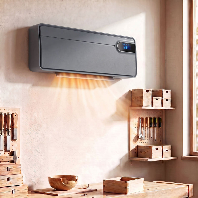 Grey wall heater mounted on a workshop wall above shelves