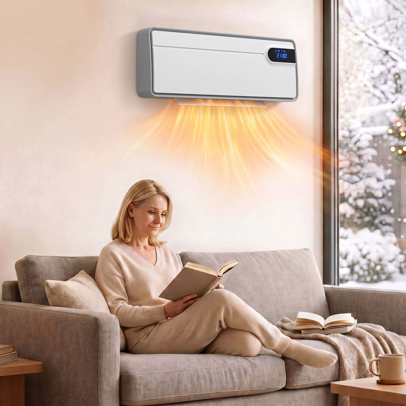 White wall heater above a sofa blowing warm air into a living room