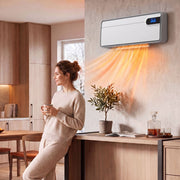 White wall heater mounted in a kitchen and dining area