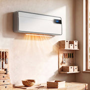White wall heater mounted on a workshop wall above shelves