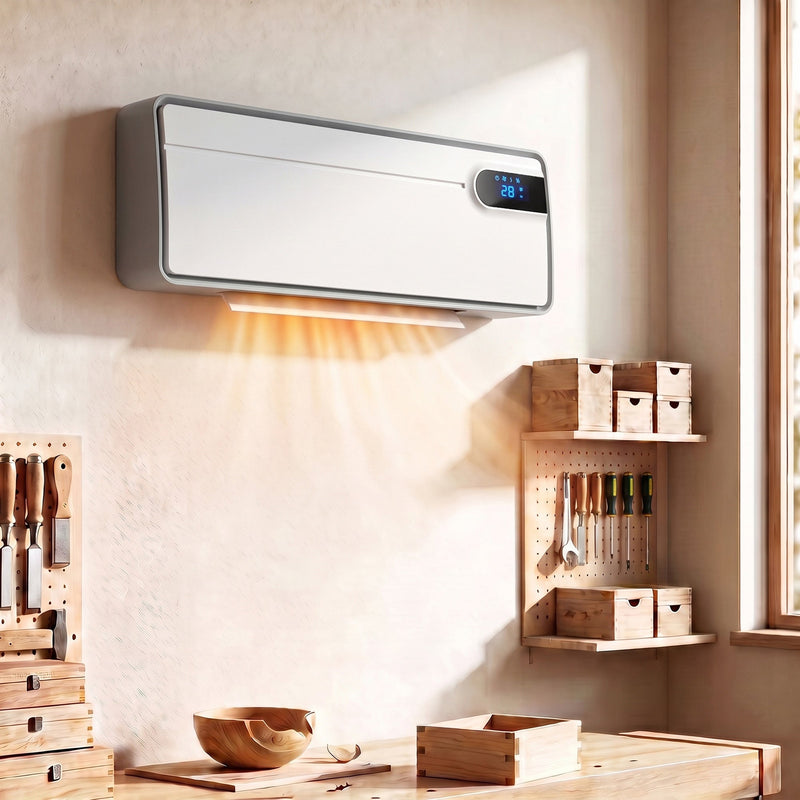 White wall heater mounted on a workshop wall above shelves