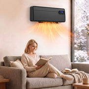Black wall heater above a sofa blowing warm air into a living room
