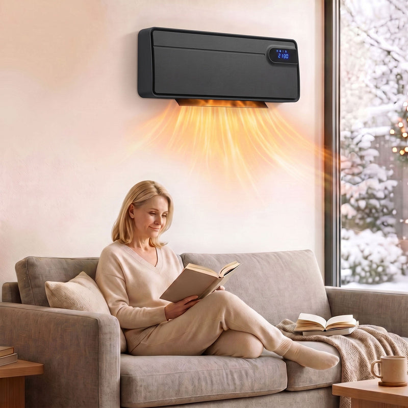 Black wall heater above a sofa blowing warm air into a living room
