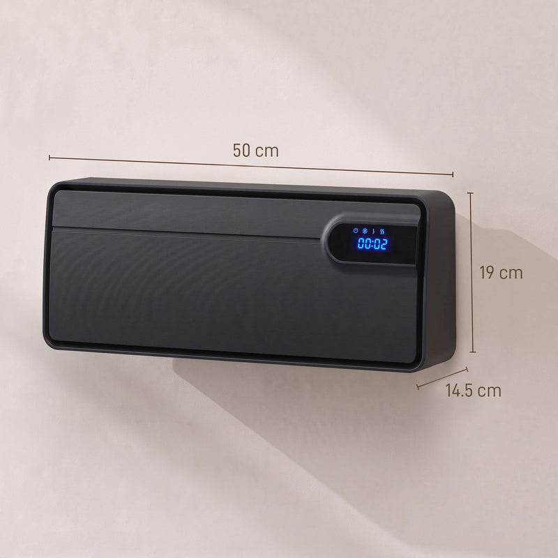 Black wall heater with dimensions shown: 50 cm wide, 19 cm high and 14.5 cm deep
