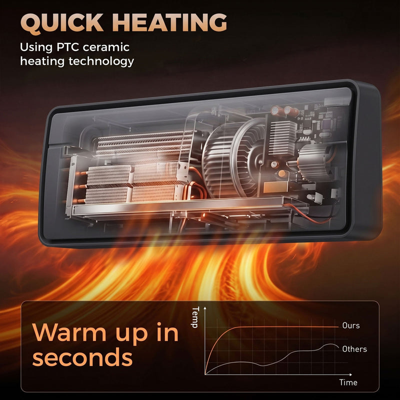 Cutaway of the PTC ceramic heating element and fan inside the wall heater