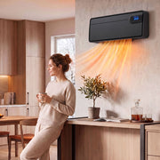 Black wall heater mounted in a kitchen and dining area