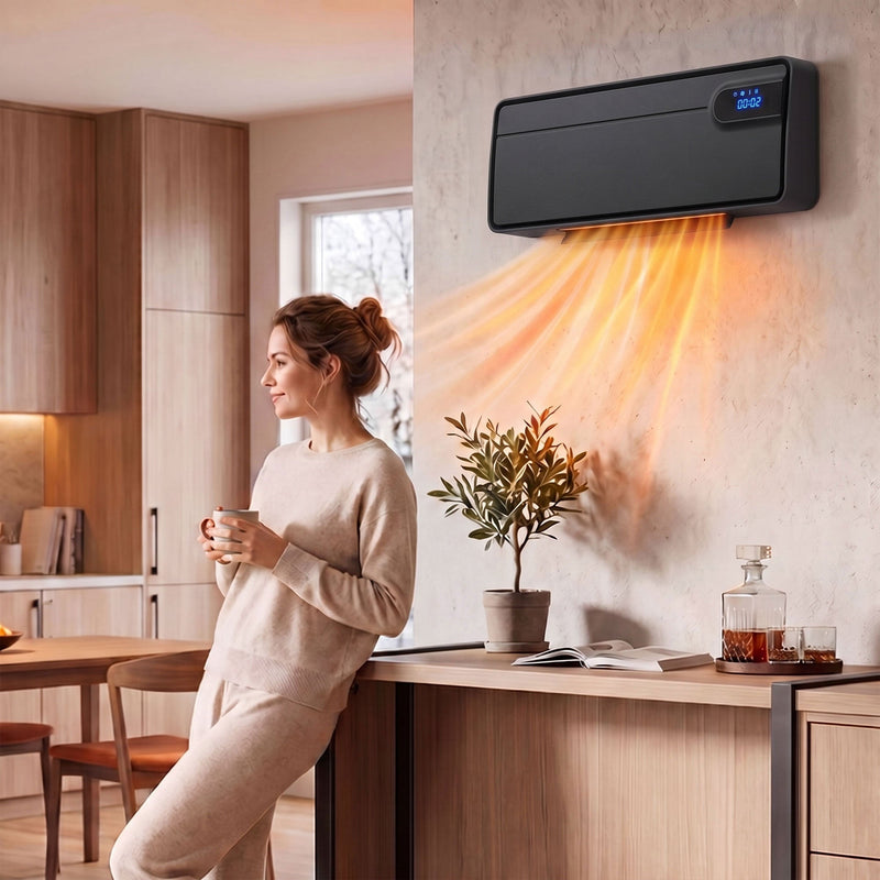 Black wall heater mounted in a kitchen and dining area
