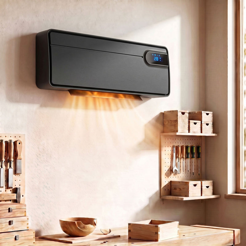 Black wall heater mounted on a workshop wall above shelves