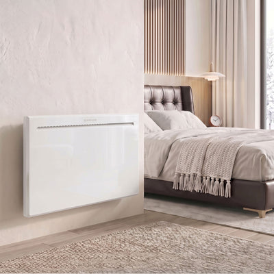 1500W white panel heater wall-mounted beside a bed