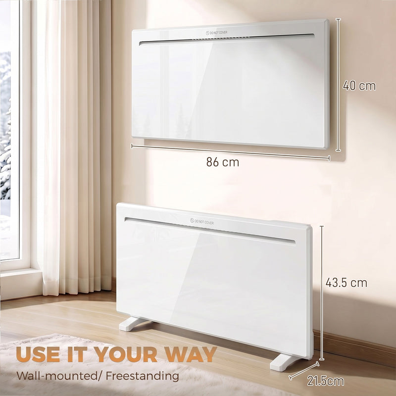 Dimension diagram showing 86 x 43.5 x 21.5 cm freestanding and 40 cm wall-mounted height