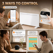 Person using the Tuya smart WiFi app and touch panel to control the heater