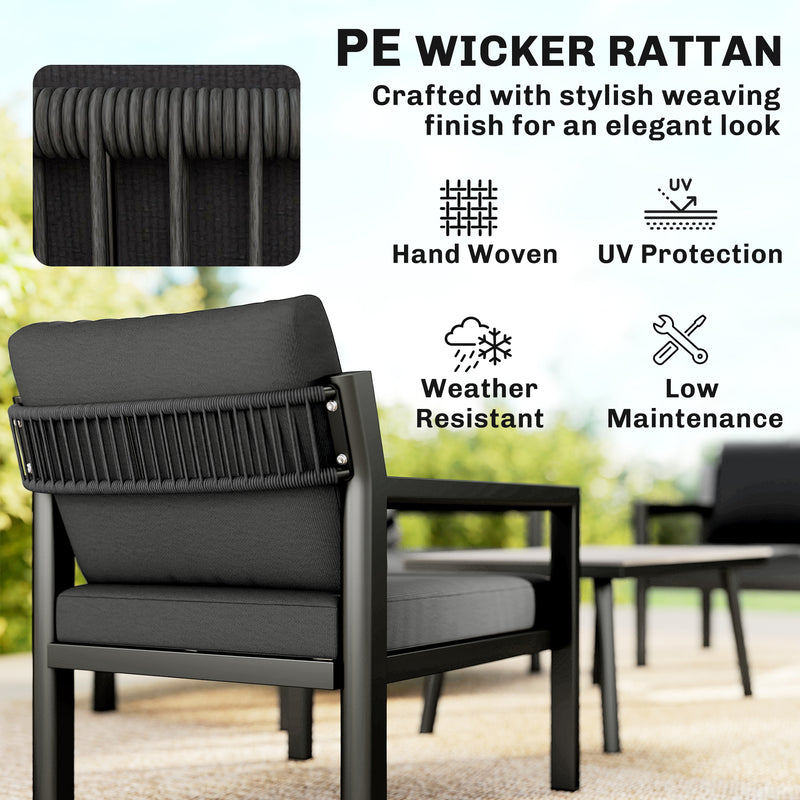 4 Piece Rattan Garden Furniture Set with Loveseat, Armchairs and Coffee Table — Beige or Dark Grey Outsunny