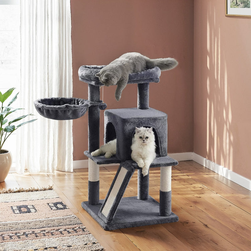 Smoky grey cat tree tower shown from a front angle