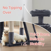 Close-up of the base and stability strap on the smoky grey cat tree