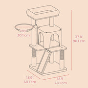 Smoky grey cat tree tower with hanging basket and wide perch