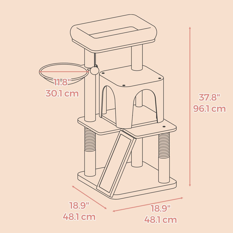 Smoky grey cat tree tower with hanging basket and wide perch