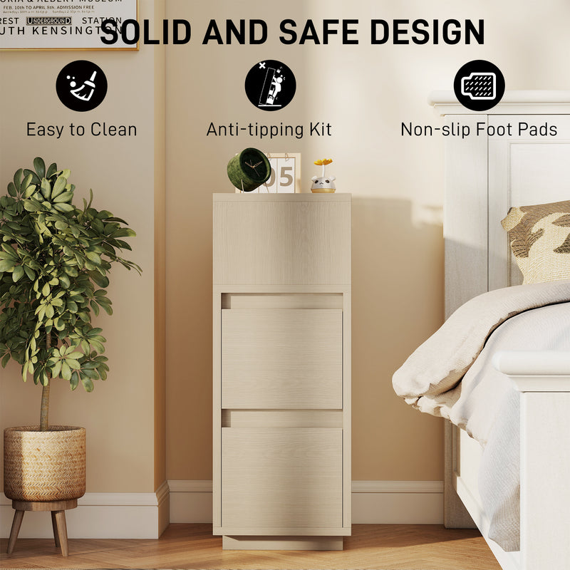 Slim Bedside Table With Open Shelf and Two Drawers for Bedroom Storage Natural Wood Finish