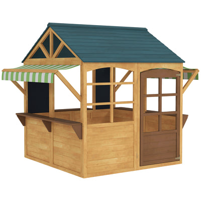 Wooden Foldable Kids Playhouse with Windows Working Door and Rain Covers in Brown