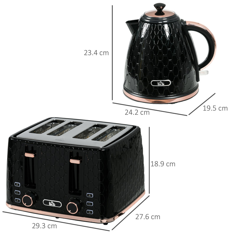 Fast Boil Kettle and 4 Slice Toaster Set with Adjustable Browning Control Black