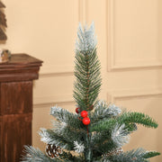 Close-up of the snow-dipped top branch with red berries and pinecones