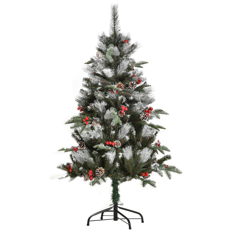 4ft snow dipped Christmas tree with red berries and pinecones shown on a white background