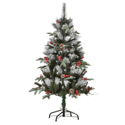 4ft snow dipped artificial Christmas tree with red berries and pinecones on a black metal base