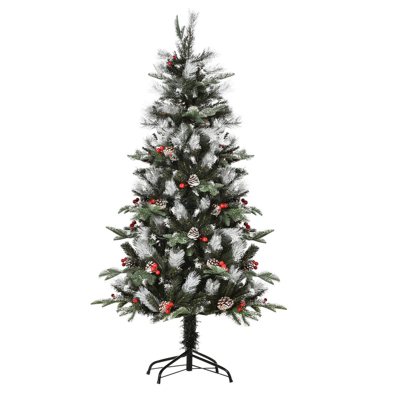 5ft snow dipped artificial Christmas tree with red berries and pinecones on a black metal base
