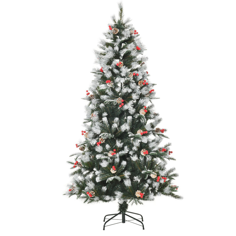 6ft snow dipped artificial Christmas tree with red berries and pinecones on a black metal base