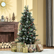 5ft snow dipped Christmas tree beside a wooden mantel with gifts under the branches