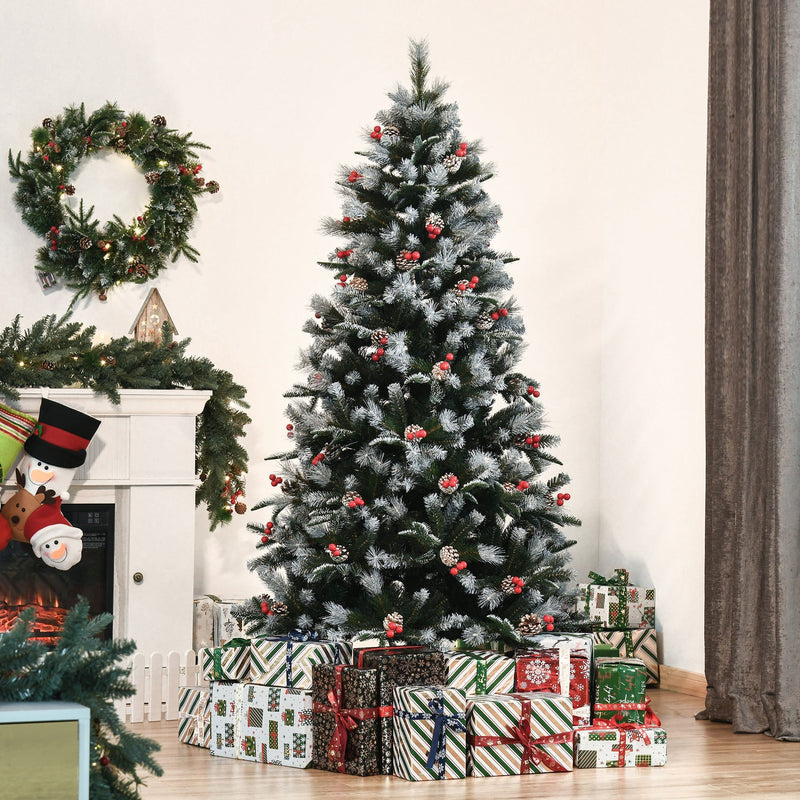 6ft snow dipped Christmas tree in a living room with a wreath, fireplace and gifts