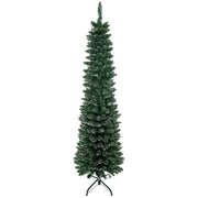Full-length green snow-dipped pencil tree on a black stand, white background