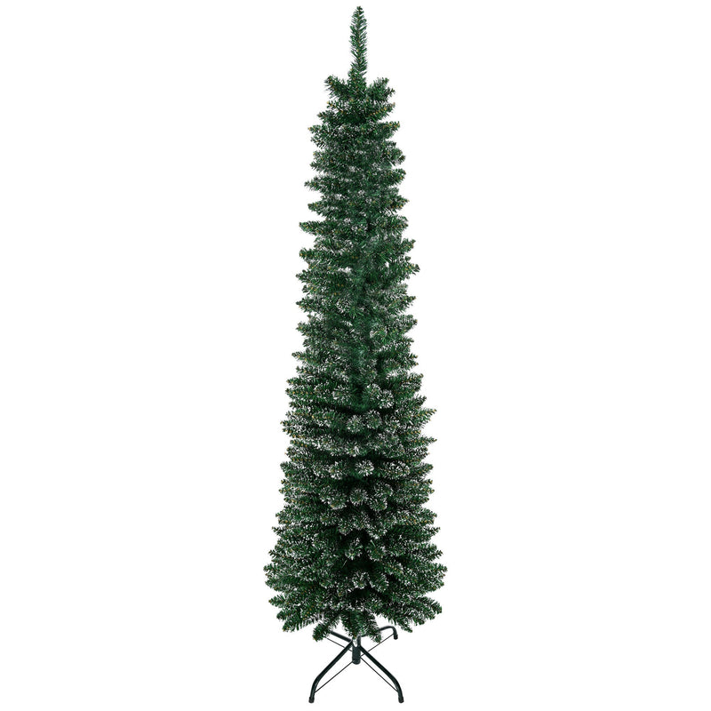 Full-length green snow-dipped pencil tree on a black stand, white background