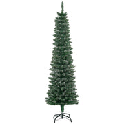 Green snow-dipped pencil Christmas tree, 5.5ft, on a black metal stand, white background