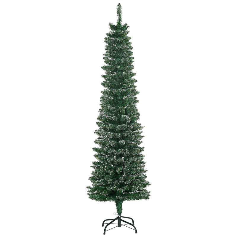 Green snow-dipped pencil Christmas tree, 5.5ft, on a black metal stand, white background