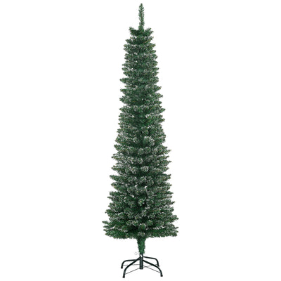 Green snow-dipped pencil Christmas tree, 5.5ft, on a black metal stand, white background