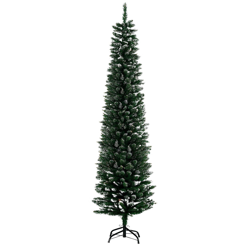 Green snow-dipped pencil Christmas tree, 6ft, on a black metal stand, white background