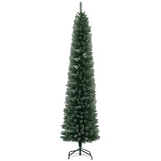 Green snow-dipped pencil Christmas tree, 7.5ft, on a black metal stand, white background
