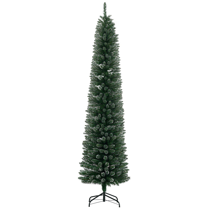 Green snow-dipped pencil Christmas tree, 7.5ft, on a black metal stand, white background