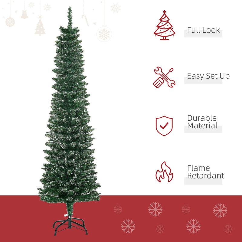 Snow-dipped tree with icons for full look, easy set up, durable material and flame retardant