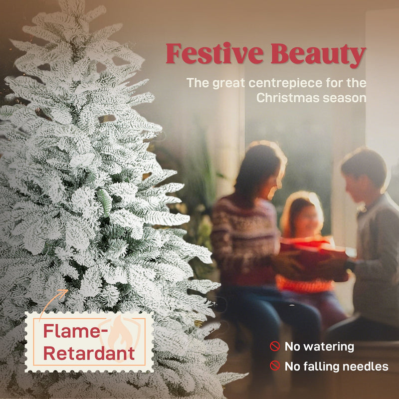 Family beside a flocked tree with flame-retardant, no watering and no falling needles labels