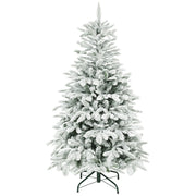 5ft snow flocked Christmas tree on a white background with a dark green metal base