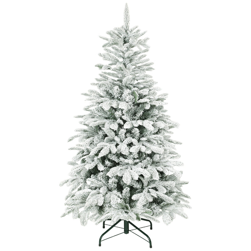 5ft snow flocked Christmas tree on a white background with a dark green metal base