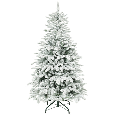 5ft snow flocked Christmas tree on a white background with a dark green metal base