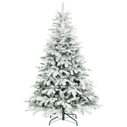6ft snow flocked Christmas tree on a white background with a dark green metal base