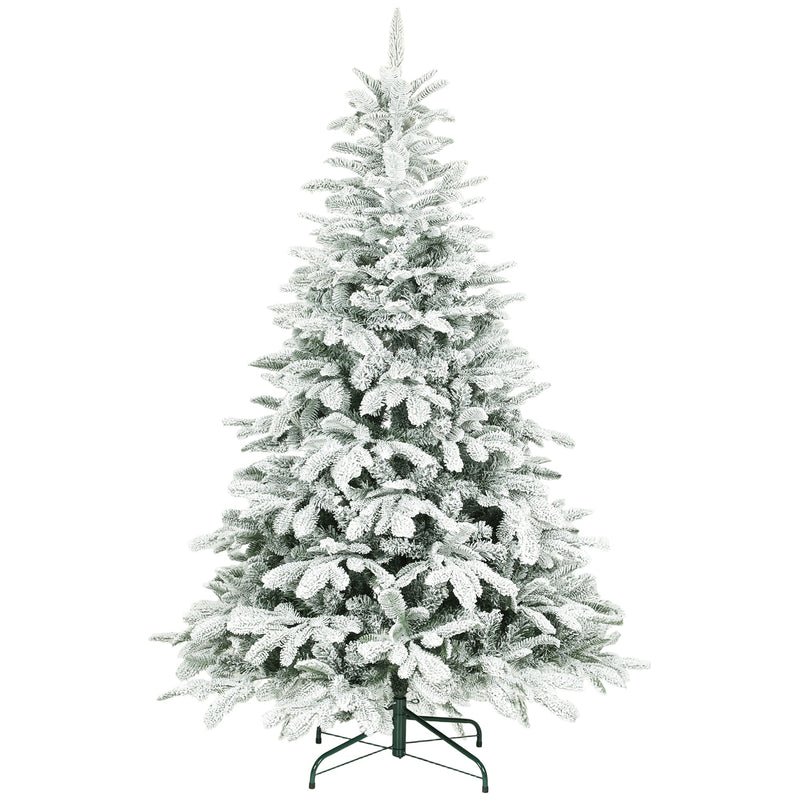 6ft snow flocked Christmas tree on a white background with a dark green metal base