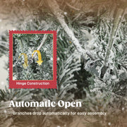 Close-up of a hinge on a snow flocked branch, labelled automatic open