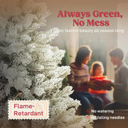 Family beside a flocked tree with flame-retardant, no watering and no falling needles labels