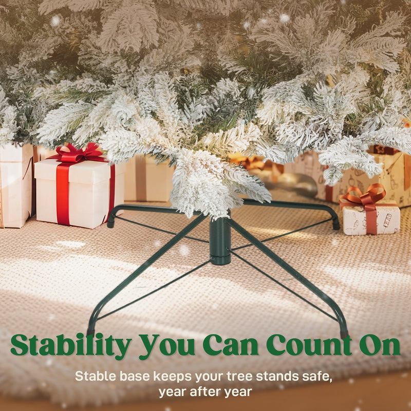 Dark green foldable metal base under the snow flocked branches